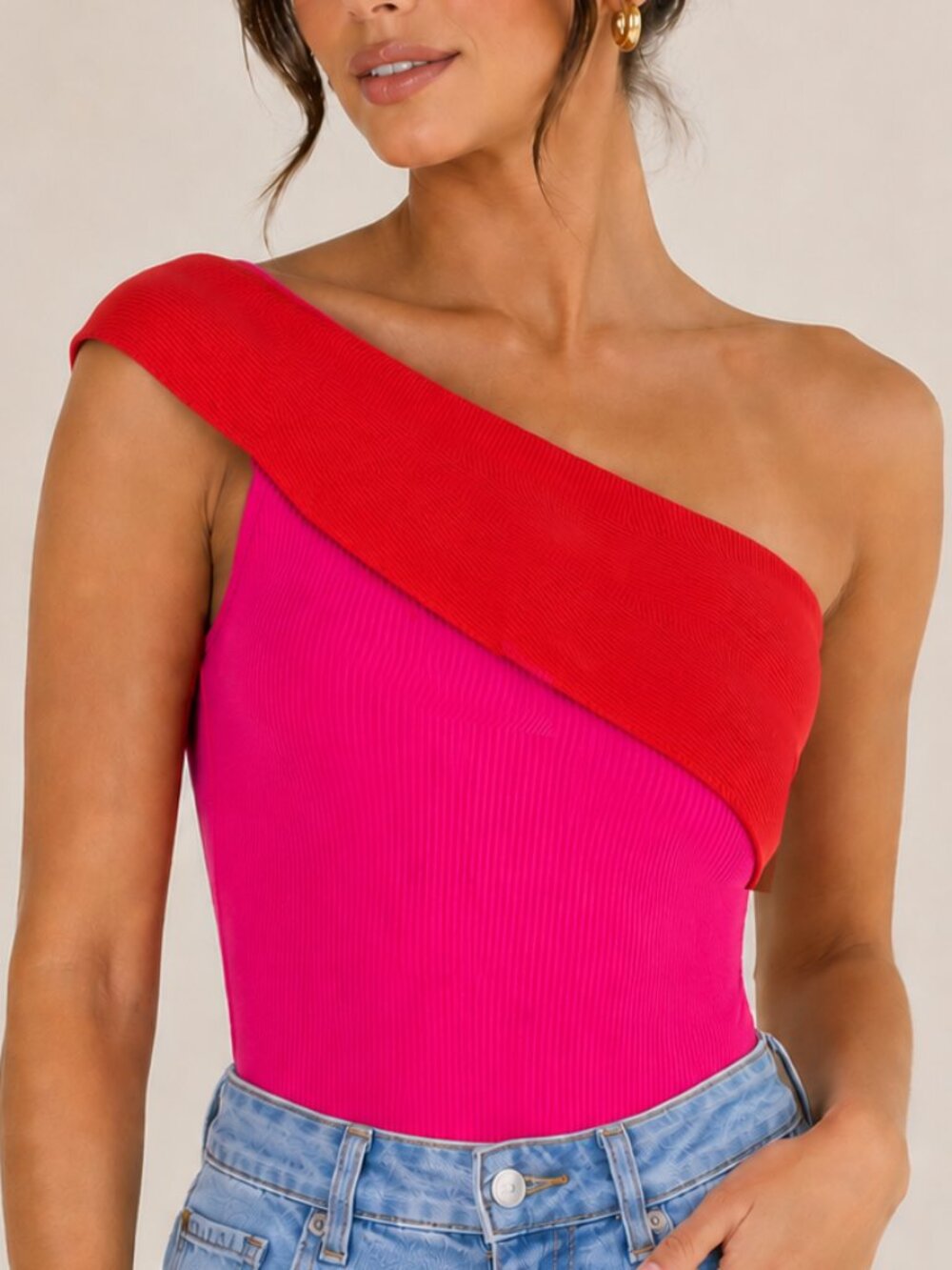 Naked Wardrobe One Shoulder Bodysuit XL Red Pink Ribbed Knit Off the‎ Shoulder